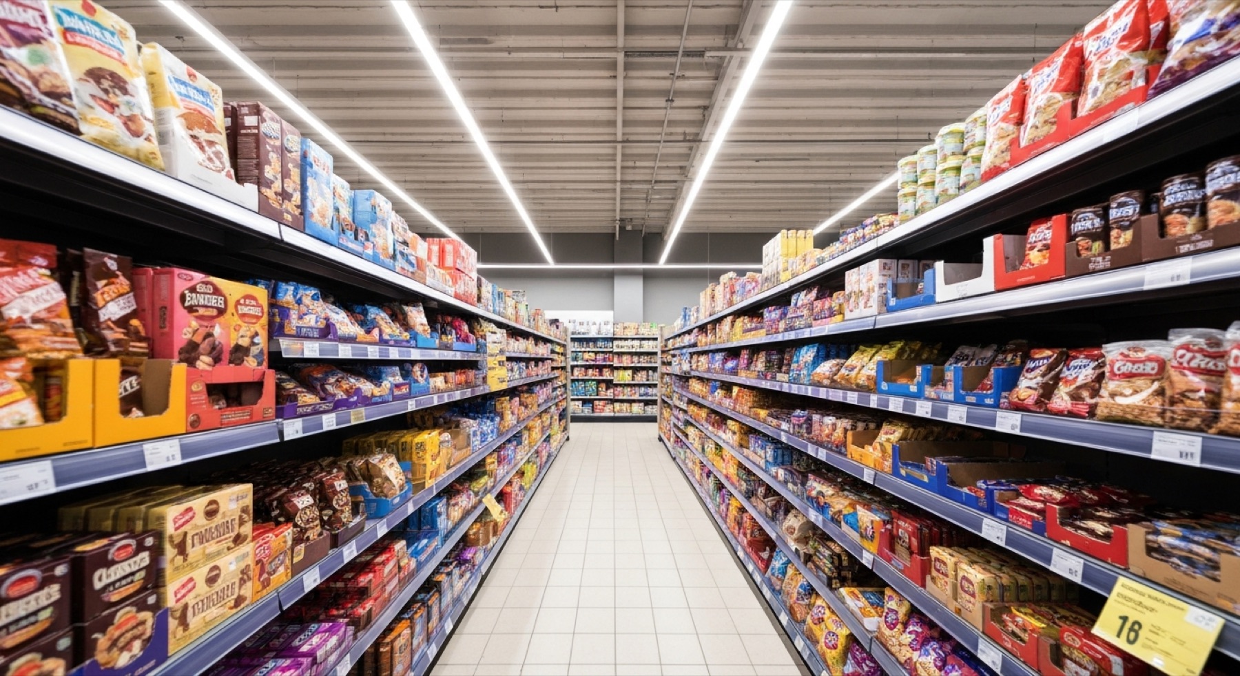 A modern discount supermarket aisle with branded confectionery and snack products