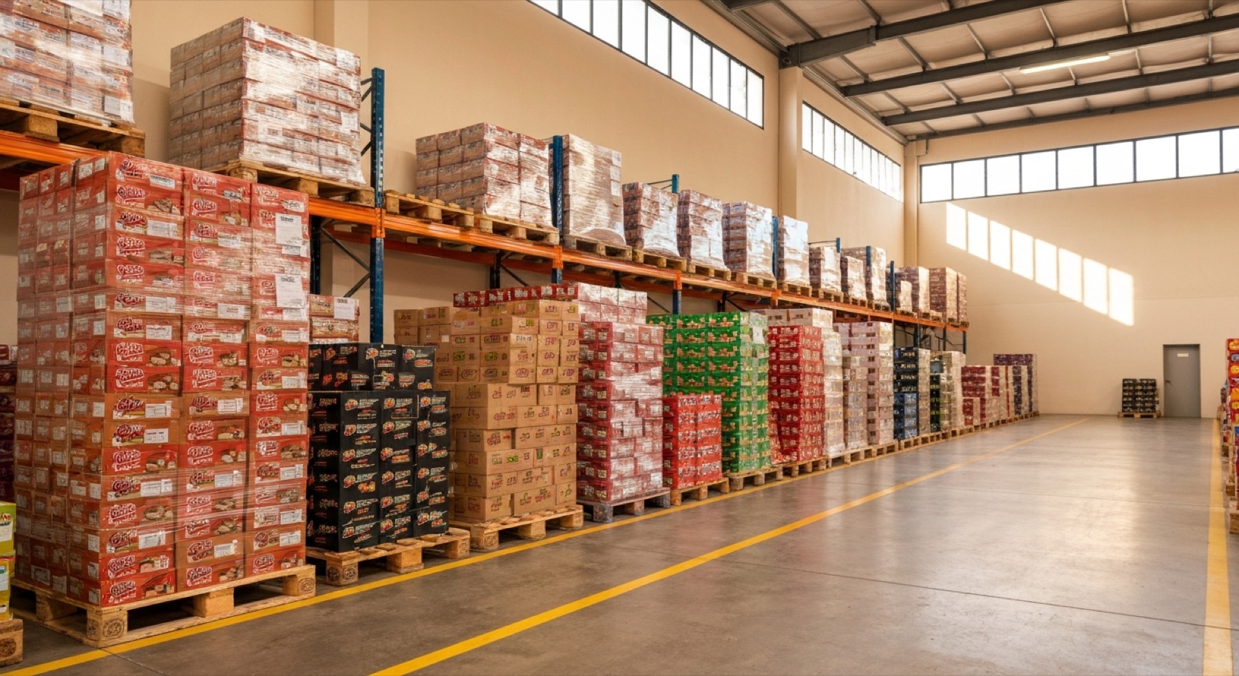 Almacén mayorista de PriceMart con palés de productos de alimentación de marca