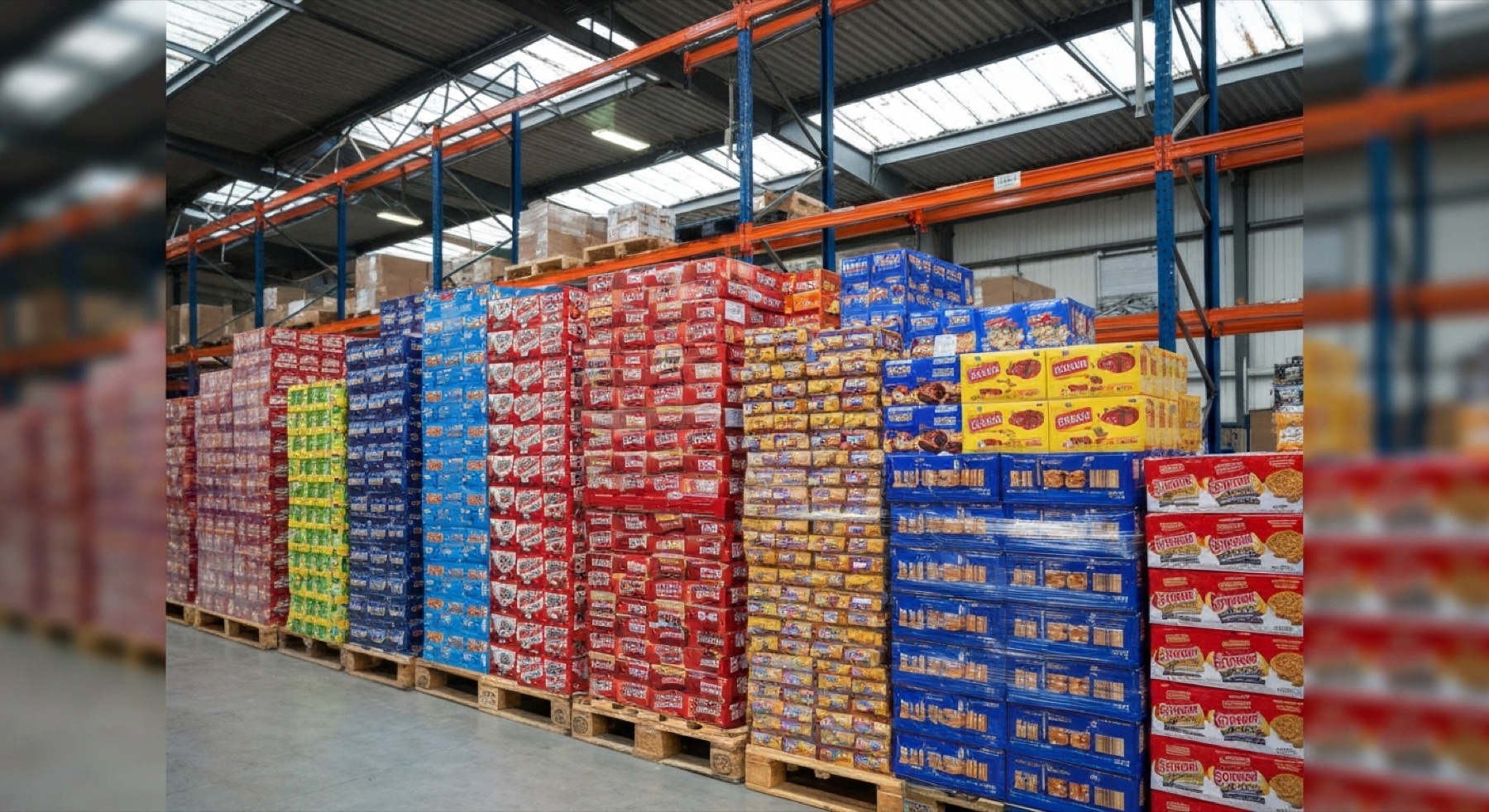 Pallets of branded grocery product in PriceMart's warehouse, organized by category for redistribution